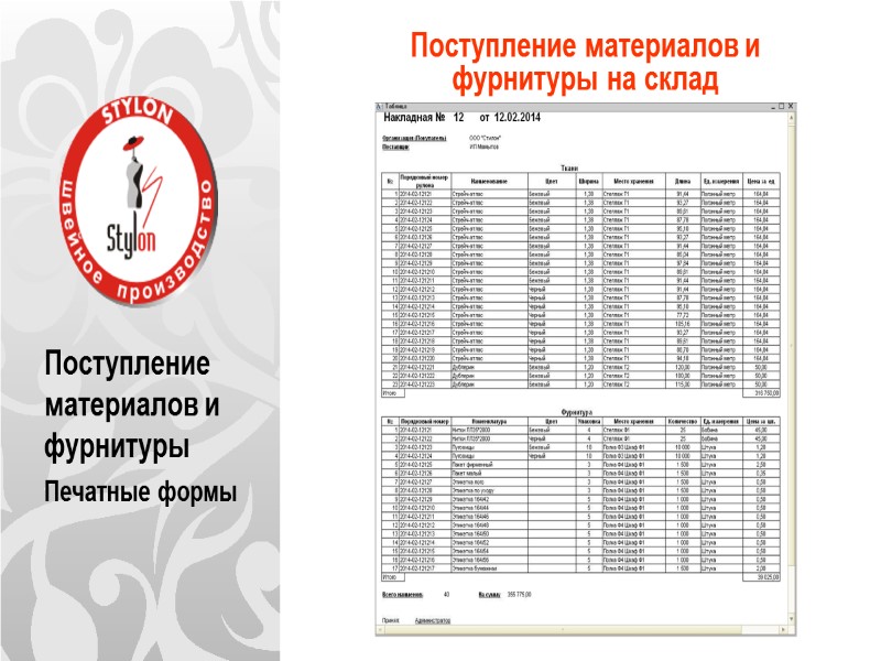 Поступление материалов и фурнитуры Печатные формы Поступление материалов и фурнитуры на склад